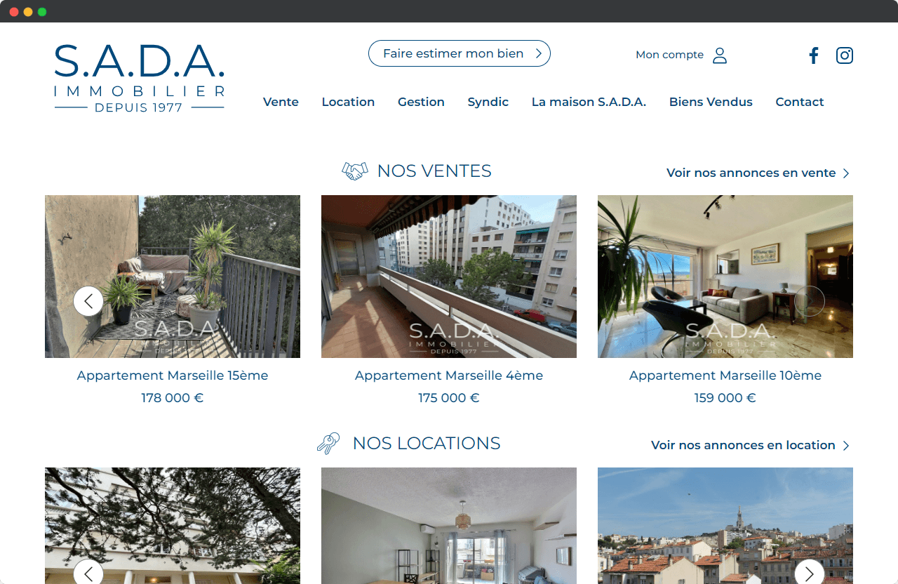 accueil du site de l'agence immobilière sada